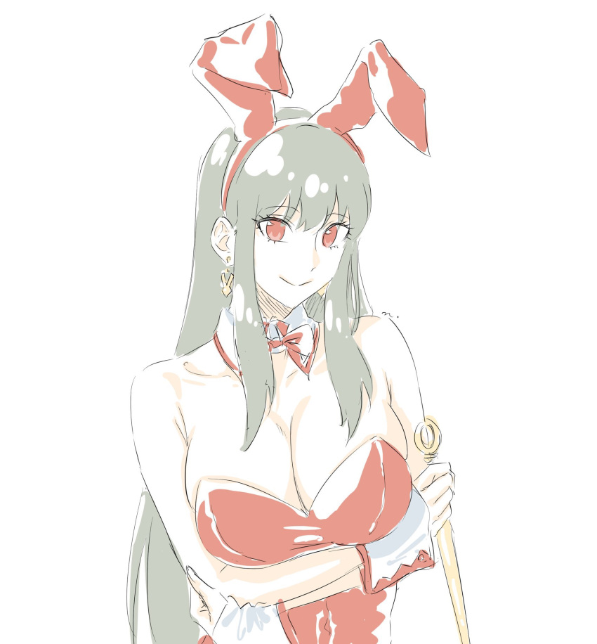 1girl animal_ears black_hair breasts cleavage dagger detached_collar earrings fake_animal_ears hairband highres holding jewelry knife large_breasts leotard long_hair mitsugu playboy_bunny rabbit_ears red_eyes sidelocks solo spy_x_family stiletto_(weapon) strapless strapless_leotard upper_body weapon wrist_cuffs yor_briar
