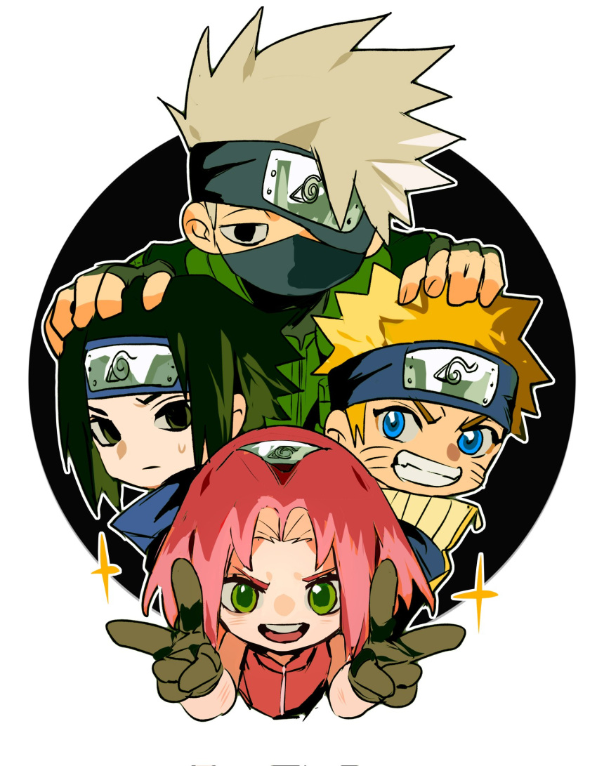 1girl 3boys black_background black_eyes black_hair blonde_hair blue_eyes blue_shirt border chibi double_v facial_mark fangs fingerless_gloves gloves green_eyes green_vest grey_hair grin hairband hand_on_another's_head headband highres mask mouth_mask multiple_boys naruto naruto_(series) one_eye_covered open_mouth parted_bangs pink_hair red_shirt shirt sleeveless sleeveless_shirt smile sparkle spiked_hair sweatdrop teeth upper_body v vest whisker_markings white_border xi_luo_an_ya
