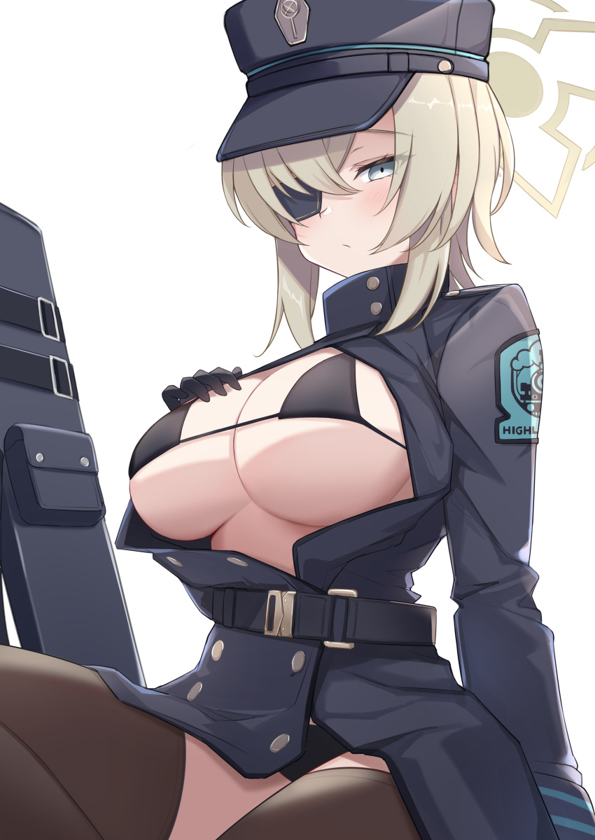 1girl absurdres belt black_belt black_bra black_coat black_hat black_panties blonde_hair blue_archive bra breasts brown_halo brown_thighhighs buttons coat double-breasted eyepatch green_eyes halo hand_on_own_chest hat heckler_kai high_collar highres large_breasts long_sleeves looking_at_viewer micro_bra one_eye_covered open_clothes open_coat panties peaked_cap short_hair simple_background sitting solo suou_(blue_archive) thighhighs train_conductor underboob underwear white_background