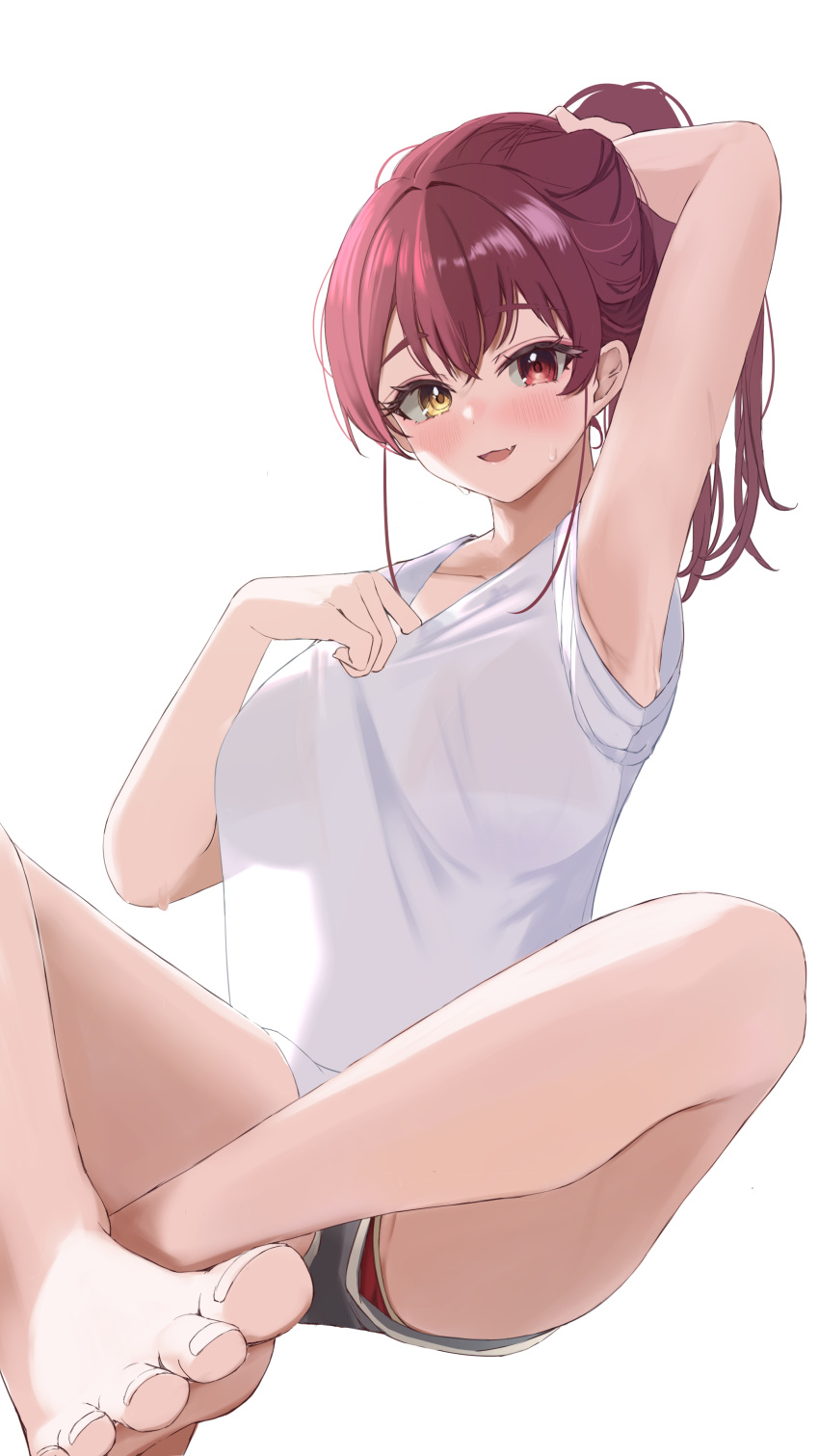1girl absurdres alternate_costume ara1e arm_up armpits bare_legs blush bra casual fang foreshortening heterochromia highres hololive houshou_marine indian_style long_hair looking_at_viewer open_mouth panties panty_peek ponytail red_bra red_eyes red_hair red_panties see-through shirt short_shorts shorts sitting skin_fang smile solo t-shirt underwear virtual_youtuber yellow_eyes