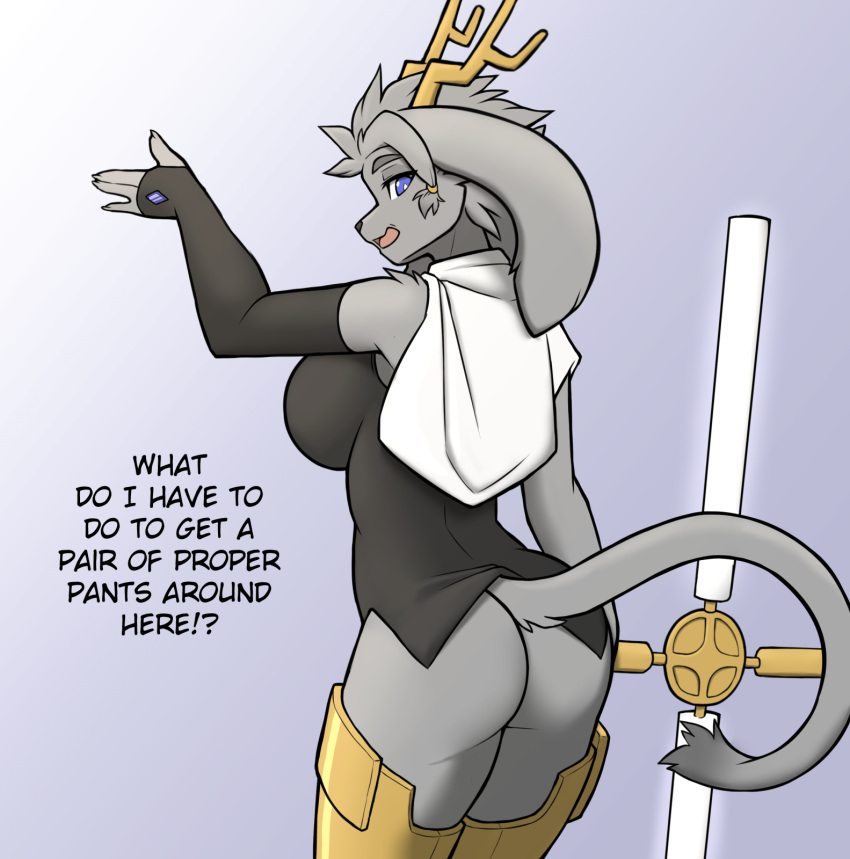 2024 anthro antlers arm_tuft armor armwear big_breasts black_clothing black_nose black_topwear blue_eyes bottomless breasts butt clothed clothing dialogue elbow_gloves english_text eyebrows eyelashes female fingerless_elbow_gloves fingerless_gloves fur gloves grey_body grey_fur grey_hair grey_tail hair handwear hexteknik hi_res horn jackalope lagomorph leporid mammal melee_weapon open_mouth pseudoregalia rabbit shoulder_tuft side_boob solo sybil_(pseudoregalia) tail text topwear tuft weapon