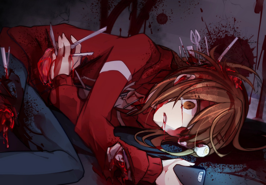 1girl alley blood blood_on_clothes blood_on_ground blood_on_wall brown_eyes brown_hair dismemberment gellerman guro holding holding_phone holding_stomach impaled injury lying on_side phone rpg_maker tearing_up tears torn_clothes yayoi_sekai