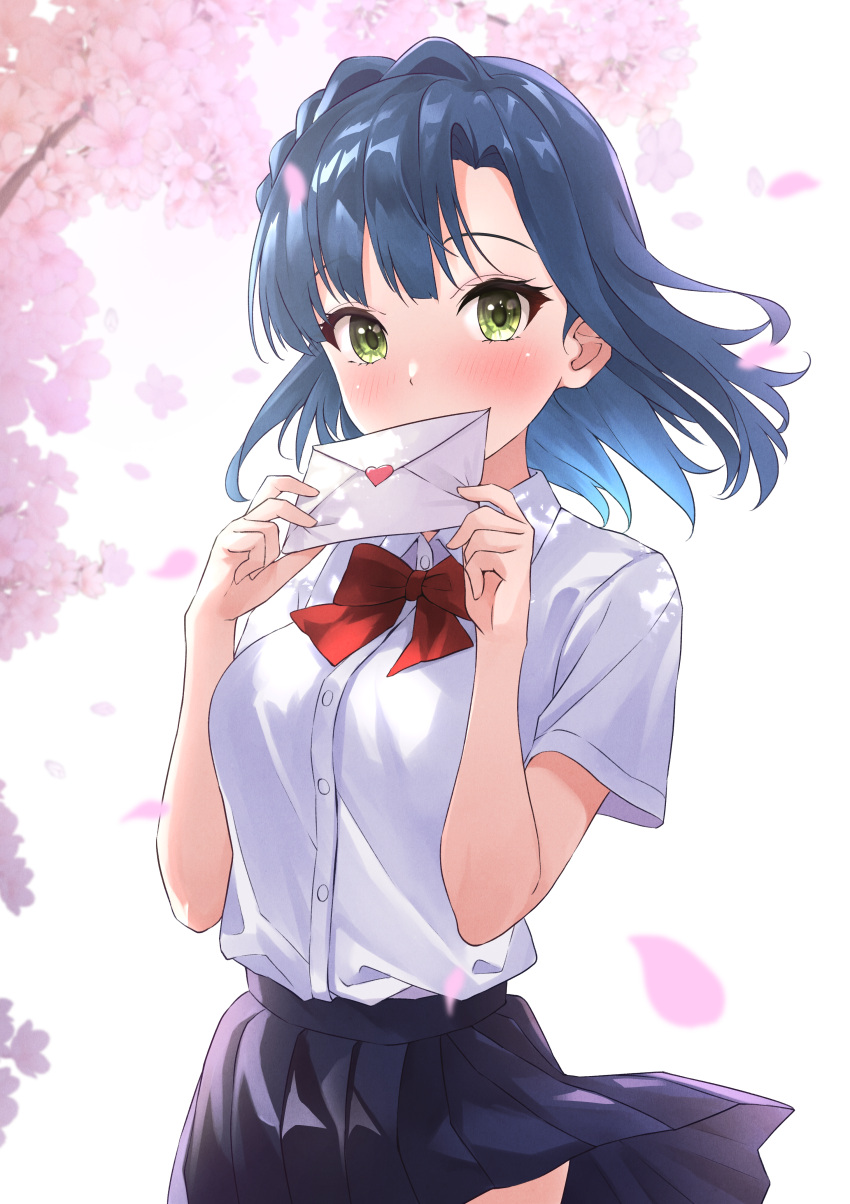 1girl absurdres aqua_hair b1ack_illust black_skirt blush bow bowtie braid breasts covered_mouth falling_petals floating_clothes floating_hair heart_stickers highres holding holding_letter idolmaster idolmaster_million_live! letter looking_at_viewer medium_breasts nanao_yuriko outdoors petals pleated_skirt red_bow red_bowtie school_uniform shirt shirt_tucked_in short_sleeves skirt solo white_shirt