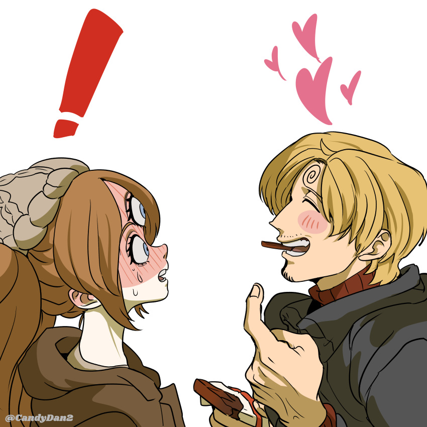 ! 1boy 1girl absurdres black_coat blonde_hair blue_eyes blush breasts brown_hair candy charlotte_pudding chocolate chocolate_bar closed_eyes coat curly_eyebrows dress english_commentary facial_hair food food_in_mouth full-face_blush goatee hair_over_one_eye hat heart hetero highres holding holding_chocolate holding_food long_hair long_sleeves looking_at_another mouth_hold one_piece open_mouth rita_ya sanji_(one_piece) short_hair sweatdrop sweater teeth third_eye twintails twitter_username