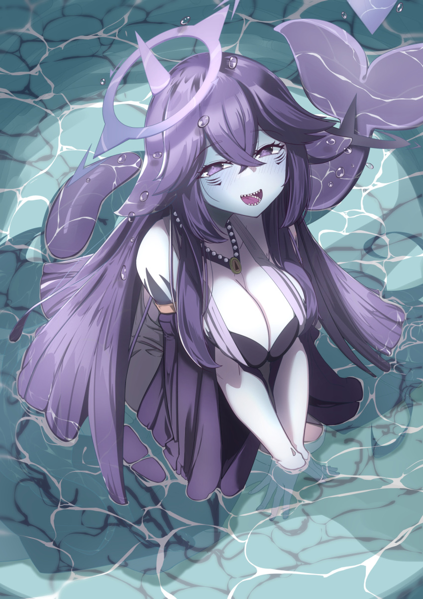 1girl black_dress breasts cleavage colored_skin crossed_bangs dress facial_mark fins fish_tail grey_skin grug_art halo highres horns indie_virtual_youtuber large_breasts long_hair megalodon_(vtuber) open_mouth partially_submerged purple_eyes purple_hair shark_girl shark_tail sharp_teeth single_horn solo tail teeth virtual_youtuber water