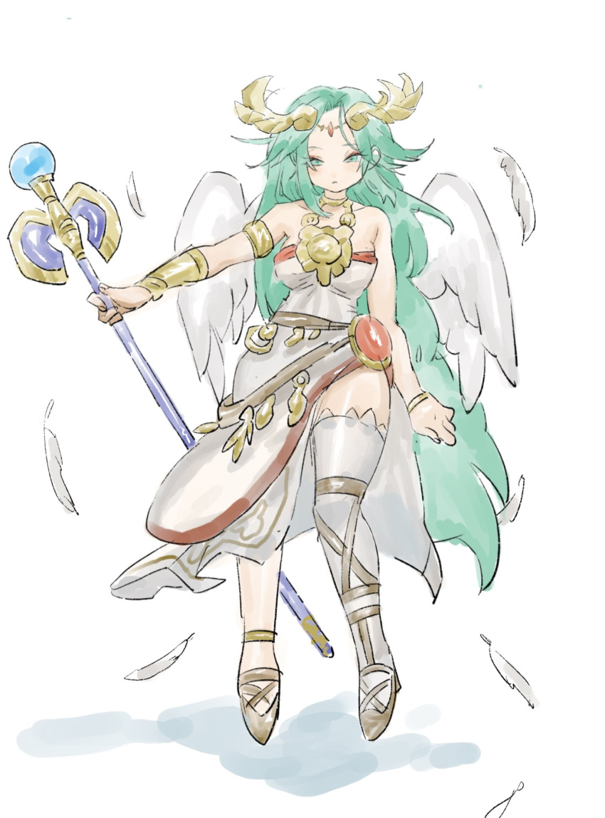1girl breasts chain diadem feathers full_body gold_chain green_eyes green_hair highres holding holding_staff kid_icarus kid_icarus_uprising long_hair mono_(monomono1998) palutena single_thighhigh solo staff thighhighs vambraces very_long_hair wings