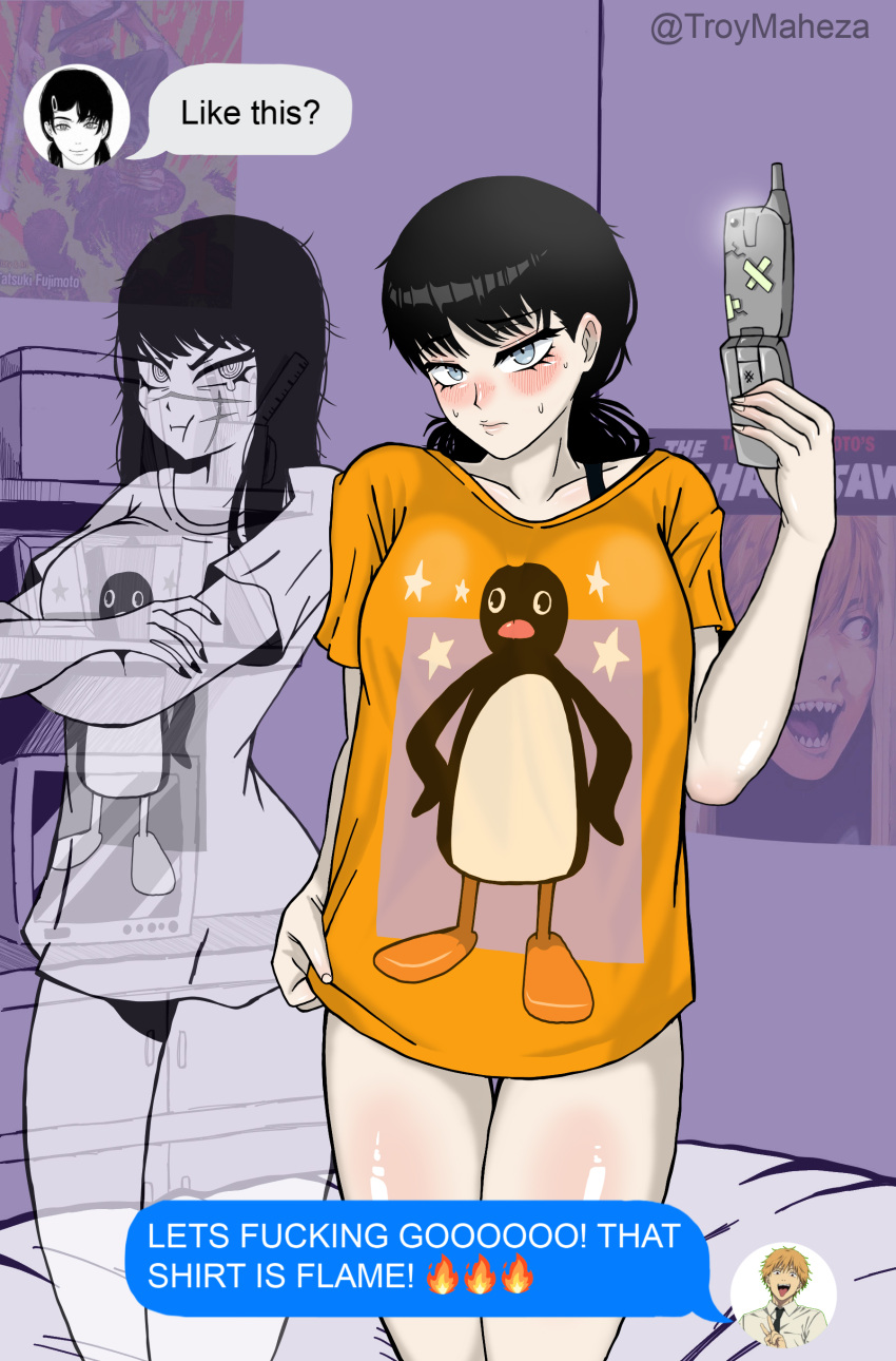 2girls absurdres alternate_breast_size black_hair blush breasts cellphone chainsaw_man collarbone commentary cross_scar crossed_arms denji_(chainsaw_man) english_commentary flip_phone grey_eyes here's_johnny!_(meme) highres holding holding_phone large_breasts meme messy_hair mitaka_asa multiple_girls orange_shirt panties phone pingu pingu_(series) poster_(object) pout ringed_eyes scar scar_on_cheek scar_on_face scar_on_nose selfie shiny_skin shirt star_(symbol) sweat tears television the_shining troymaheza twitter_username underwear v-shaped_eyebrows yoru_(chainsaw_man)