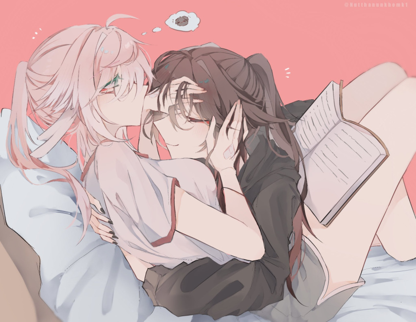 2girls black_nails black_shirt book brown_hair closed_eyes closed_mouth commentary_request contemporary dolphin_shorts genshin_impact glasses green_eyes grey_shorts hands_on_another's_face highres hu_tao_(genshin_impact) hug long_hair lying_on_lap multiple_girls nutthanunkhomk1 open_book pink_background pink_hair ponytail shirt short_sleeves shorts simple_background sitting smile thai_commentary thought_bubble white_shirt yanfei_(genshin_impact) yuri
