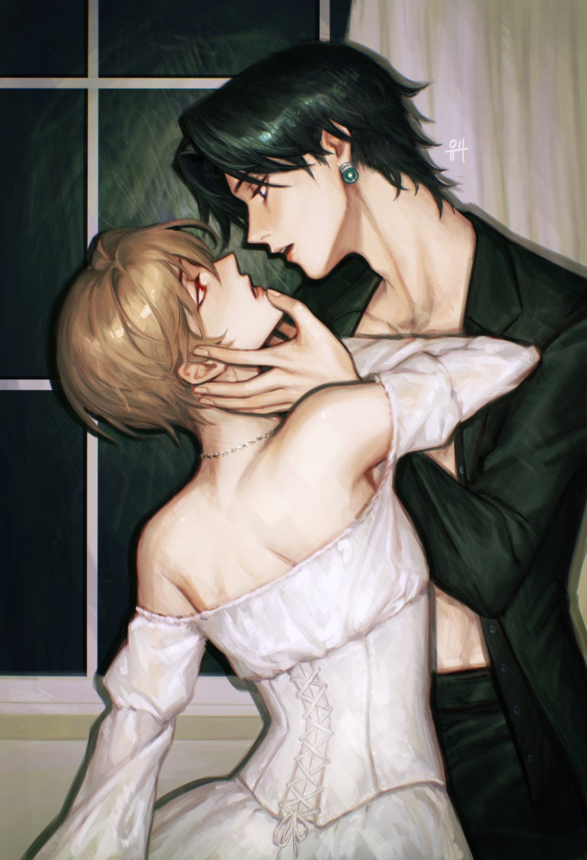 2boys androgynous black_eyes black_hair black_pants blonde_hair chrollo_lucilfer coat dress earrings hand_on_another's_chin highres hunter_x_hunter jewelry kgynh kurapika long_sleeves looking_at_another male_focus multiple_boys open_clothes open_coat pants red_eyes short_hair simple_background white_dress window yaoi