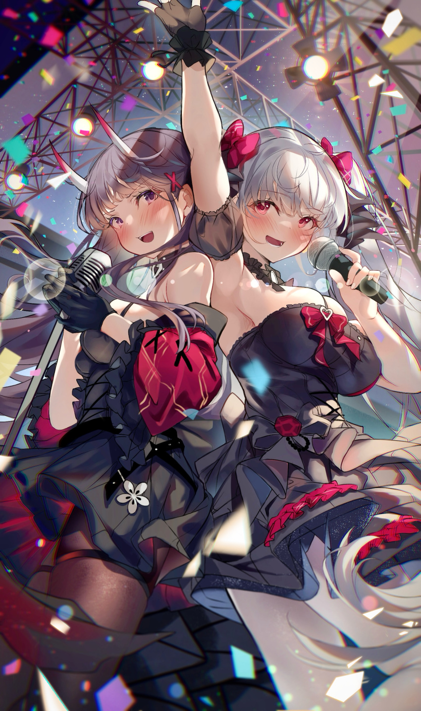 2girls absurdres arm_up azur_lane black_dress black_gloves black_hair black_theme breasts confetti detached_sleeves dress fingerless_gloves formidable_(azur_lane) formidable_(muse)_(azur_lane) gloves grey_hair hair_ribbon heaven's_melody highres holding holding_microphone horns idol idol_clothes large_breasts layered_dress long_hair microphone multiple_girls noshiro_(azur_lane) noshiro_(muse)_(azur_lane) official_alternate_costume oni ribbon sideboob_cutout stage twintails