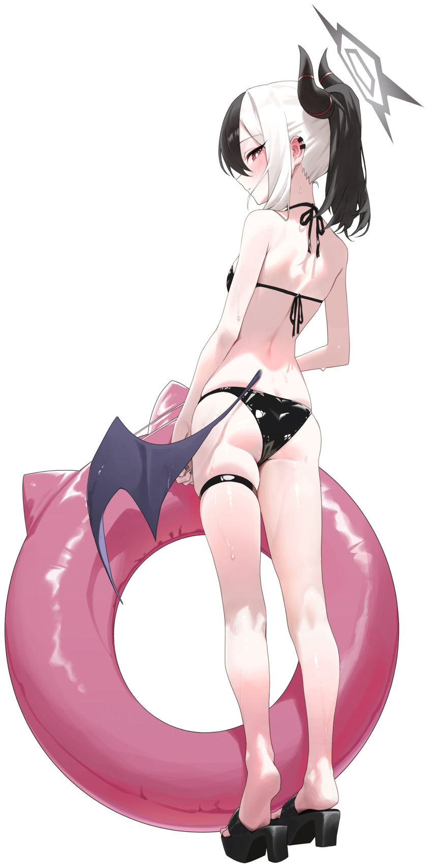 1girl absurdres ass bikini black_bikini black_hair black_halo black_horns blue_archive breasts demon_horns earclip from_behind full_body halo highres horns kayoko_(blue_archive) multicolored_hair pink_innertube red_eyes rkin simple_background single_wing skindentation small_breasts solo standing swimsuit white_background white_hair wings