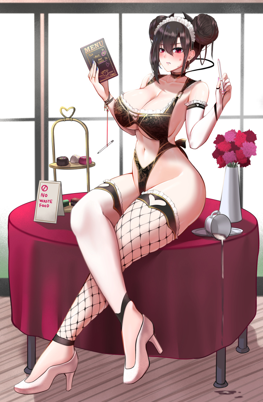 1girl agent_(girls'_frontline) alternate_costume bare_shoulders black_hair black_leotard blue_nails breasts cleavage closed_mouth collarbone fishnet_thighhighs fishnets flower full_body girls'_frontline high_heels highleg highleg_leotard highres holding holding_menu leotard looking_at_viewer menu mismatched_thighhighs nail_polish navel paid_reward_available pink_nails popoman red_eyes sangvis_ferri solo spill table thighhighs thighs white_footwear white_thighhighs