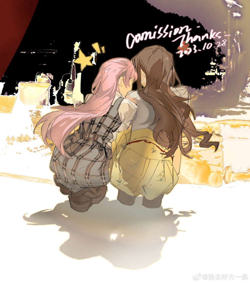 2girls absurdres ass bang_dream! bang_dream!_it's_mygo!!!!! belt belt_buckle brown_footwear brown_hair buckle chihaya_anon chinese_commentary city cloudyooooo collared_shirt commentary_request commission dated dress from_behind full_body grey_belt grey_dress high-waist_skirt high_collar highres leaning_on_person loafers long_hair miniskirt multiple_girls nagasaki_soyo night notice_lines outdoors pink_hair plaid plaid_dress pleated_skirt shadow shirt shoes skirt sleeveless sleeveless_dress squatting star_(symbol) thank_you very_long_hair wavy_hair weibo_watermark white_shirt yellow_skirt yuri