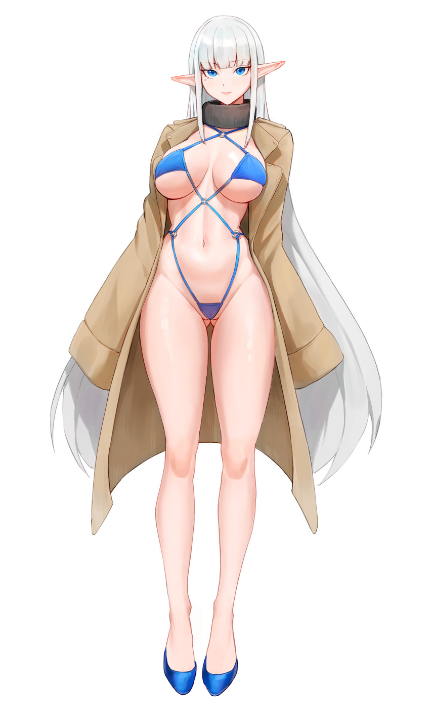 1girl absurdres arms_at_sides ass_visible_through_thighs blue_eyes blue_footwear borrowed_character breasts brown_coat character_request closed_mouth coat collar commentary_request grey_hair highres large_breasts light_blush long_hair long_sleeves looking_at_viewer matmaj mole mole_under_eye navel o-ring o-ring_swimsuit open_clothes open_coat original pointy_ears shoes sidelocks simple_background sleeves_past_fingers sleeves_past_wrists solo standing swimsuit trench_coat underboob very_long_hair white_background