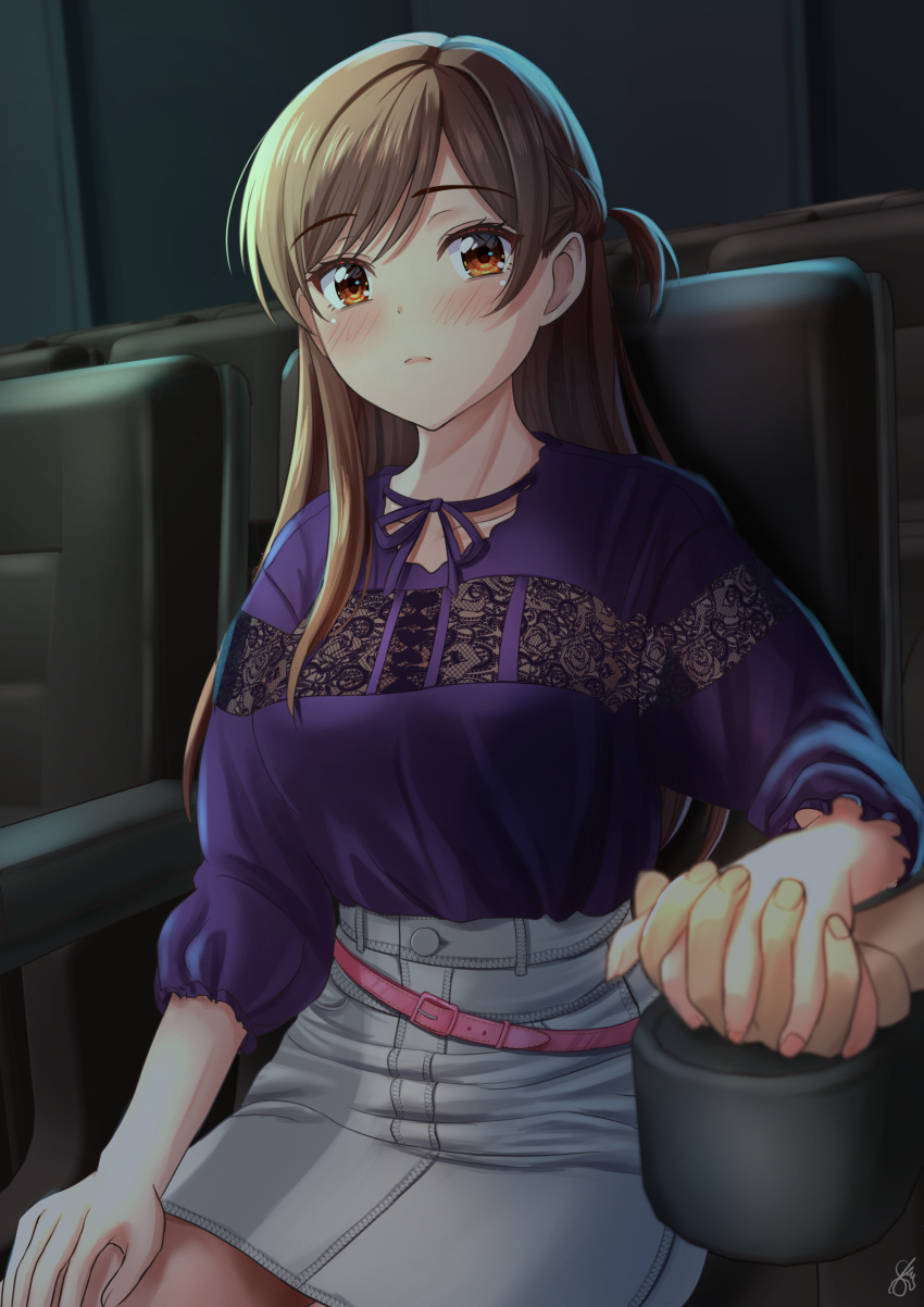 1girl absurdres akiyama0818 belt blush breasts brown_eyes brown_hair dating dress grey_skirt hand_grab highres kanojo_okarishimasu long_hair looking_at_viewer medium_breasts miniskirt mizuhara_chizuru movie_theater pink_belt purple_dress skirt