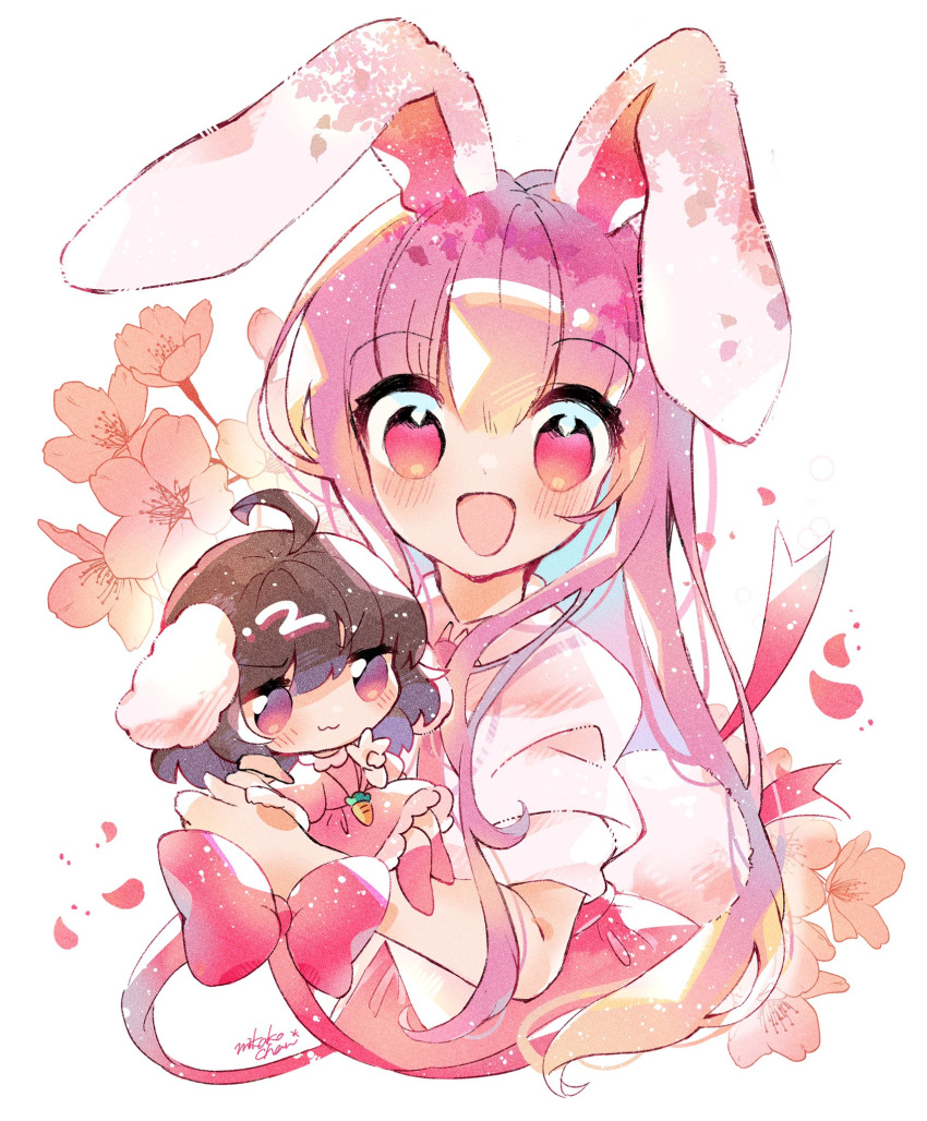 2girls :3 ahoge animal_ears blush brown_hair carrot_necklace cherry_blossoms dress highres inaba_tewi jewelry long_hair looking_at_viewer medium_hair mikako_chan3 mini_person minigirl multiple_girls necklace open_mouth petals pink_dress pink_hair rabbit_ears rabbit_girl red_eyes reisen_udongein_inaba shirt short_sleeves signature size_difference smile touhou upper_body white_background white_shirt