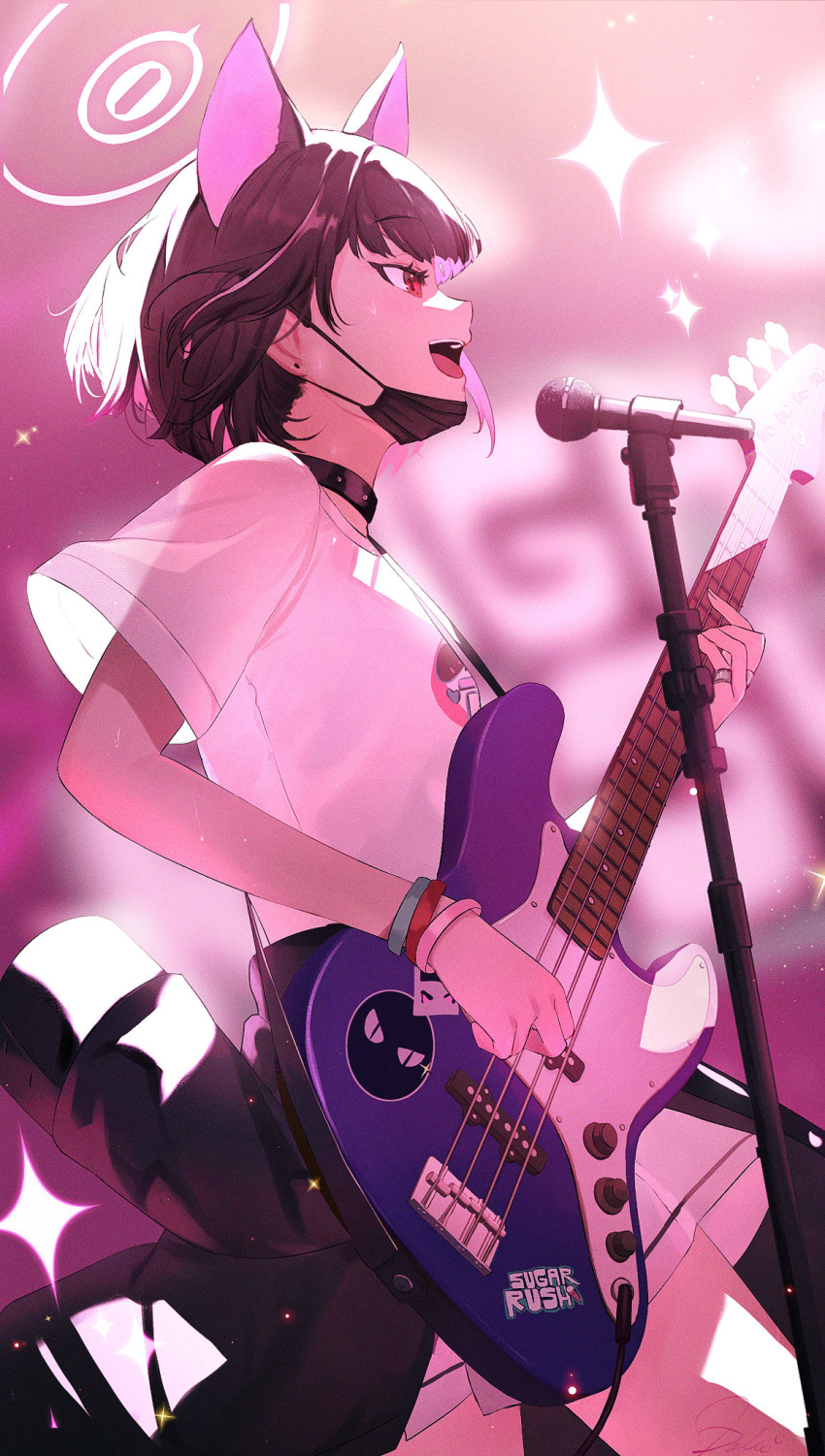 1girl animal_ears black_choker black_hair black_mask blue_archive bracelet cat_ears cat_girl choker commentary_request dolce_(dolsuke) electric_guitar extra_ears guitar halo highres holding holding_instrument instrument jewelry kazusa_(band)_(blue_archive) kazusa_(blue_archive) mask mask_pull microphone mouth_mask multicolored_hair music official_alternate_costume open_mouth pink_hair shirt short_sleeves singing solo sparkle two-tone_hair white_halo white_shirt
