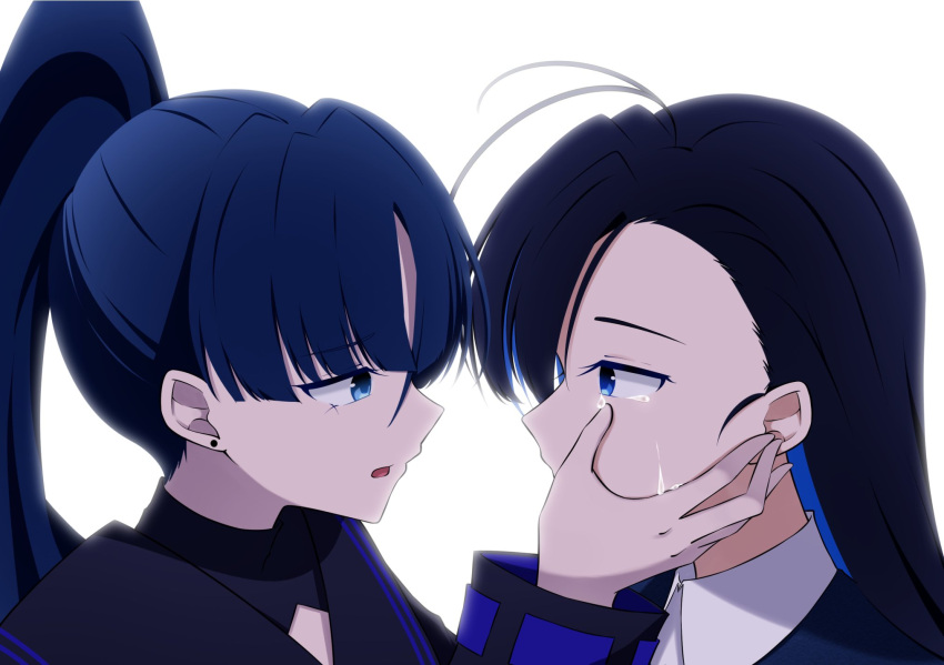 2girls ado_(utaite) ahoge black_sailor_collar blue_eyes blue_hair chando_(ado) cloud_nine_inc collared_shirt colored_inner_hair commentary_request crying crying_with_eyes_open dark_blue_hair eye_contact hair_between_eyes hand_on_another's_cheek hand_on_another's_face highres long_hair long_sleeves looking_at_another multicolored_hair multiple_girls naima_(ado) nori_(norinori_yrl) open_mouth ponytail sailor_collar shirt simple_background tears upper_body usseewa utaite white_background white_shirt wiping_tears