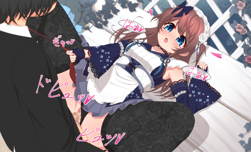 1boy 1girl absurdres black_choker black_panties black_thighhighs blue_bow blue_eyes blue_gloves blue_sleeves blush bow breasts brown_hair censored choker clothed_sex clothing_aside detached_sleeves dress feet_out_of_frame fingerless_gloves fishnet_thighhighs fishnets flower frilled_dress frills fujigaya_arctia gloves hair_bow hair_flower hair_ornament heart hetero highres lace_thighhighs long_hair looking_at_another lying mahjong_soul maid maid_headdress missionary mosaic_censoring necktie necktie_grab neckwear_grab on_back open_mouth panties panties_aside penis pink_flower pink_rose plant pussy pussy_juice red_necktie rose sex shinomiya_fuyumi short_dress sleeveless sleeveless_dress small_breasts solo_focus spread_legs thighhighs underwear vaginal variant_set vines white_flower white_rose