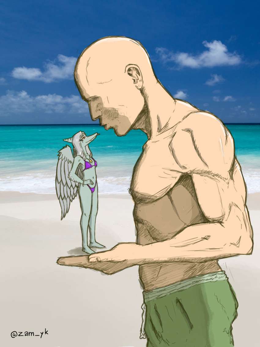 2024 absurd_res amber_eyes anon_(snoot_game) anthro artist_name athletic athletic_human athletic_male bald beach bikini blue_sky bracelet cavemanon_studios clothing digital_drawing_(artwork) digital_media_(artwork) dinosaur duo elbow_feathers eyelashes fang_(gvh) feathered_wings feathers female fingers goodbye_volcano_high green_clothing green_swimming_trunks green_swimwear grey_body grey_scales hair hi_res human jewelry light-skinned_male light_body light_skin long_hair male mammal navel necklace outside photo_background photography_(artwork) pterodactylus pterosaur puckered_lips purple_bikini purple_clothing purple_swimwear reptile scales scalie sea seaside silver_hair sky snoot_game snout swimming_trunks swimwear tongue tongue_out water watermark wings zam_yk