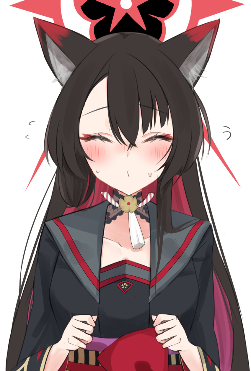 1girl animal_ear_fluff animal_ears blue_archive brown_hair closed_eyes collarbone facing_viewer flying_sweatdrops fox_ears fox_girl grey_sailor_collar hair_between_eyes halo highres incoming_kiss japanese_clothes long_hair long_sleeves puckered_lips rakio_deeeesu red_halo sailor_collar simple_background sketch solo sweatdrop tassel upper_body wakamo_(blue_archive) white_background