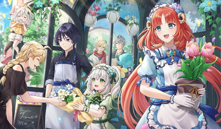 3girls 4boys aether_(genshin_impact) alhaitham_(genshin_impact) alternate_costume apron aqua_eyes black_thighhighs blue_dress bouquet closed_eyes cross-laced_footwear cross-shaped_pupils dress fake_horns floating_hair flower_pot flying frilled_apron frills genshin_impact gloves gradient_hair green_dress green_eyes green_hair grey_hair highres holding holding_bouquet holding_flower_pot horns kaveh_(genshin_impact) long_hair looking_to_the_side low_twintails multicolored_hair multiple_boys multiple_girls nahida_(genshin_impact) nilou_(genshin_impact) nyamaso open_mouth paimon_(genshin_impact) red_hair scaramouche_(genshin_impact) shirt shoes short_sleeves shorts side_ponytail single_thighhigh smile standing symbol-shaped_pupils teeth thighhighs twintails upper_teeth_only wanderer_(genshin_impact) white_apron white_gloves white_hair white_shorts yellow_shirt