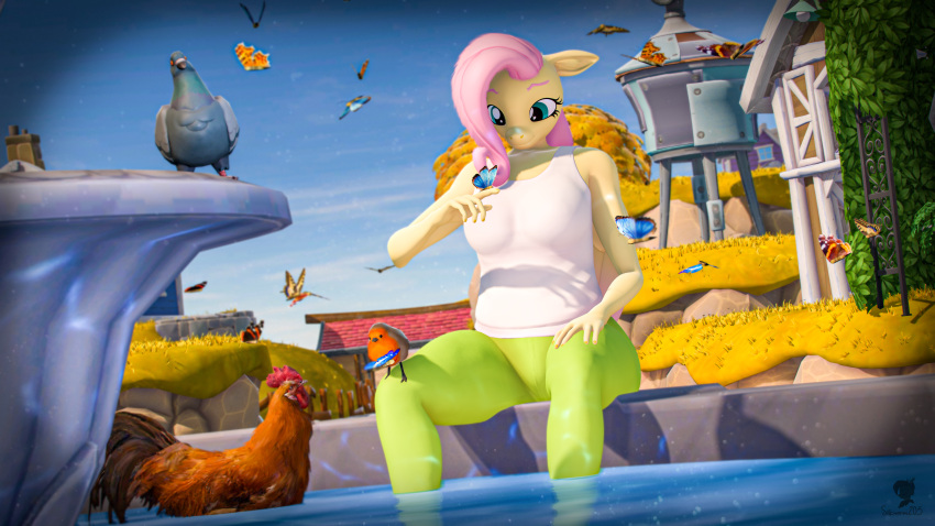 16:9 3d_(artwork) 4k absurd_res anthro anthrofied arthropod avian bird breasts butterfly chicken clothed clothing columbid digital_media_(artwork) equid equine feathered_wings feathers female floppy_ears fluffy_mane fluttershy_(mlp) folded_wings fountain friendship_is_magic fur galliform gallus_(genus) hair hasbro hi_res horse inner_ear_fluff insect lepidopteran mammal my_little_pony mythological_creature mythological_equine mythology oscine outside passerine pegasus phasianid pigeon pink_hair pony public revamped_anthros robin_(bird) shirt silkworm205 sitting smile solo source_filmmaker_(artwork) sweatpants tank_top topwear tuft widescreen wings yellow_body