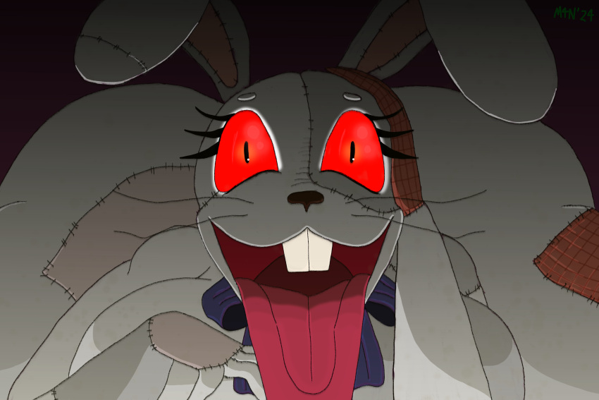 animate_inanimate anthro big_breasts big_butt bow_ribbon bow_tie bow_tie_only breasts buckteeth butt eyelashes female five_nights_at_freddy's five_nights_at_freddy's:_security_breach hand_on_head hi_res horror_(theme) huge_tongue hyper hyper_tongue lagomorph leporid looking_at_viewer lying m4n mammal mostly_nude on_front patchwork_creature plushie rabbit scary scary_face scottgames smile smiling_at_viewer solo steel_wool_studios teeth thick_thighs tongue tongue_hanging_out tongue_out vanny vanny_(fnaf) whiskers wide_eyed wide_hips