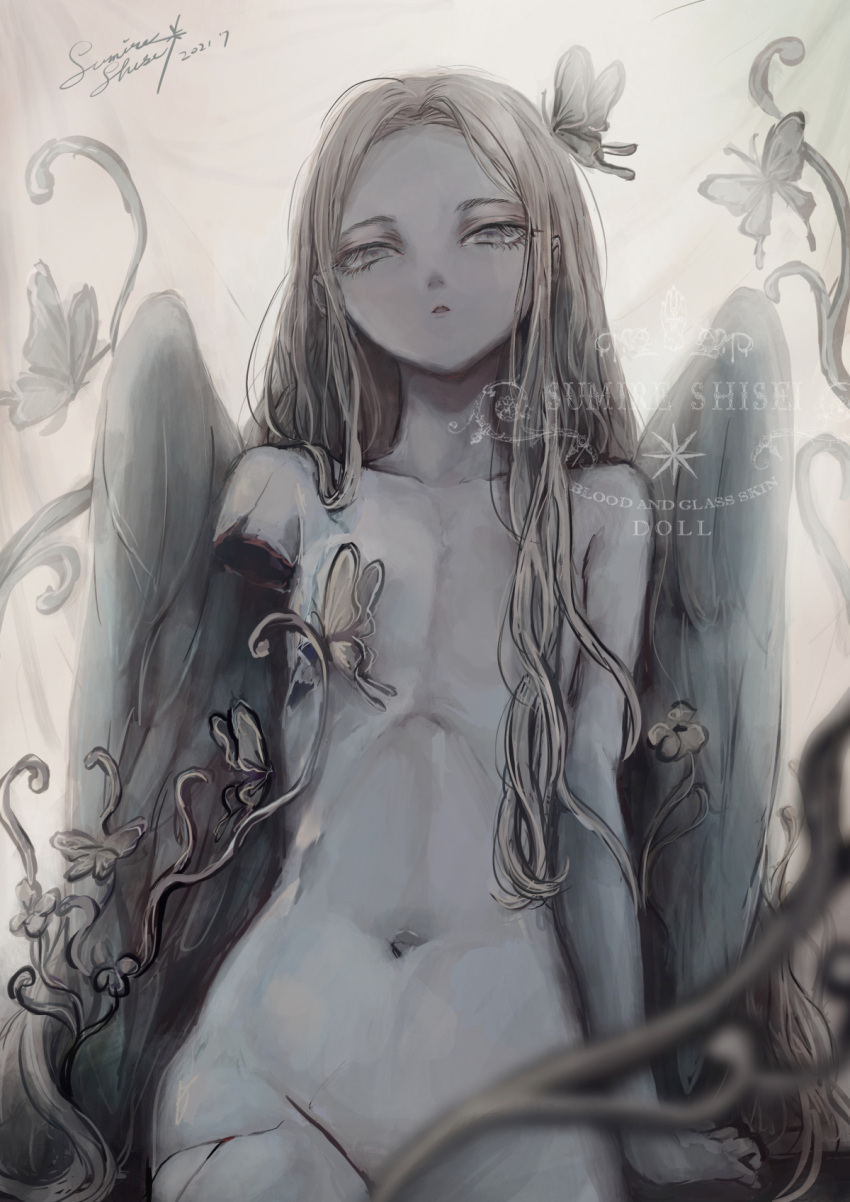 1girl amputee angel angel_wings blonde_hair bug butterfly commentary_request completely_nude doll expressionless flat_chest grey_hair highres long_hair looking_at_viewer navel nude original pale_skin parted_lips sitting solo sumire_shisei wings
