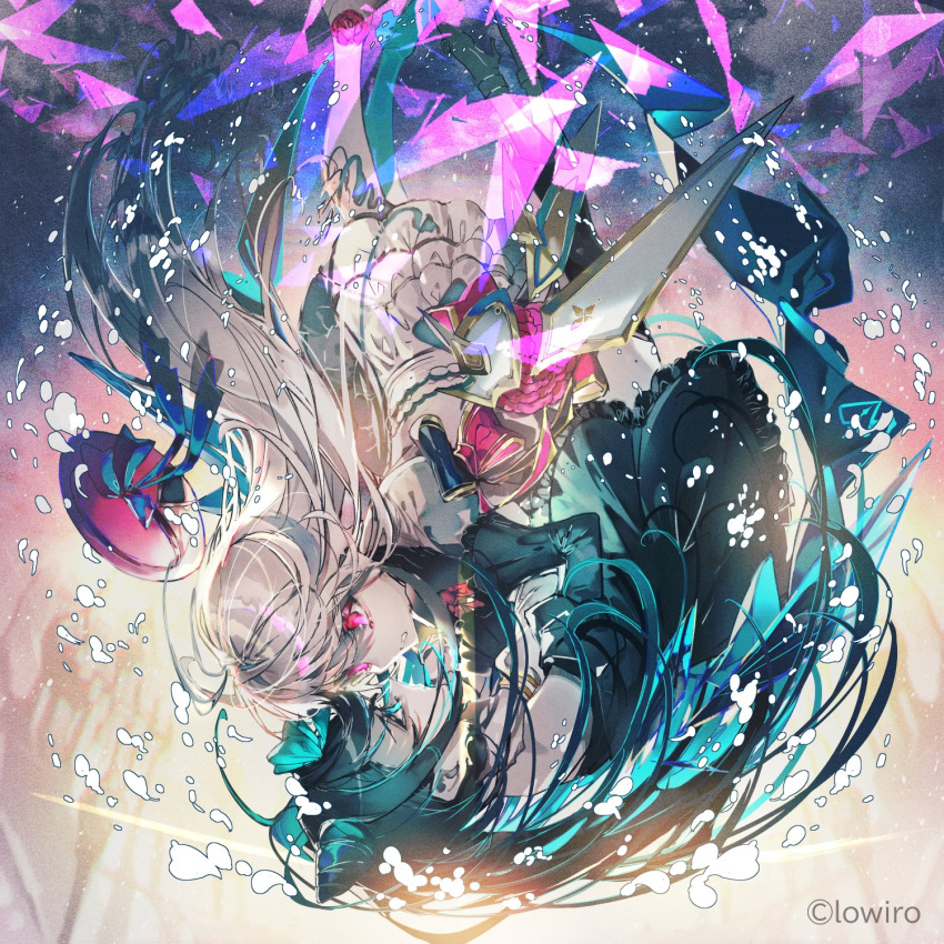 arcaea bare_shoulders black_hair blue_eyes bug butterfly cone_hair_bun dress hair_bun hair_ornament hat highres hikari_(arcaea) hikari_(fracture)_(arcaea) long_hair long_sleeves mura_karuki red_eyes tagme tairitsu_(arcaea) tairitsu_(tempest)_(arcaea) very_long_hair white_dress white_hair