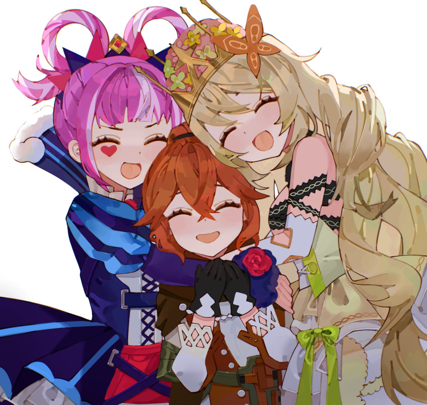 3girls :d ^_^ absurdres anna_(fire_emblem) black_gloves blonde_hair blue_dress blunt_bangs bow celine_(fire_emblem) closed_eyes commentary commission dress earrings facial_mark facing_viewer fire_emblem fire_emblem_engage gloves green_bow hair_rings heart highres hortensia_(fire_emblem) hug jewelry juliet_sleeves long_hair long_sleeves mariirasuto7 multicolored_hair multiple_girls open_mouth pink_hair puffy_sleeves red_hair simple_background smile streaked_hair striped_clothes striped_dress upper_body very_long_hair white_background