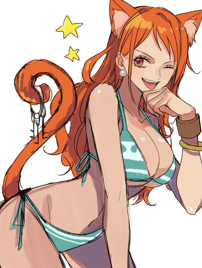 1girl animal_ear_fluff animal_ears aqua_bikini bikini bracelet breasts cat_ears cat_girl cat_tail cleavage commentary earrings extra_ears highres jewelry kurage20001 large_breasts looking_at_viewer nami_(one_piece) naughty_face one_eye_closed one_piece open_mouth orange_eyes orange_hair pearl_earrings smile solo star_(symbol) swimsuit symbol-only_commentary tail teeth upper_teeth_only
