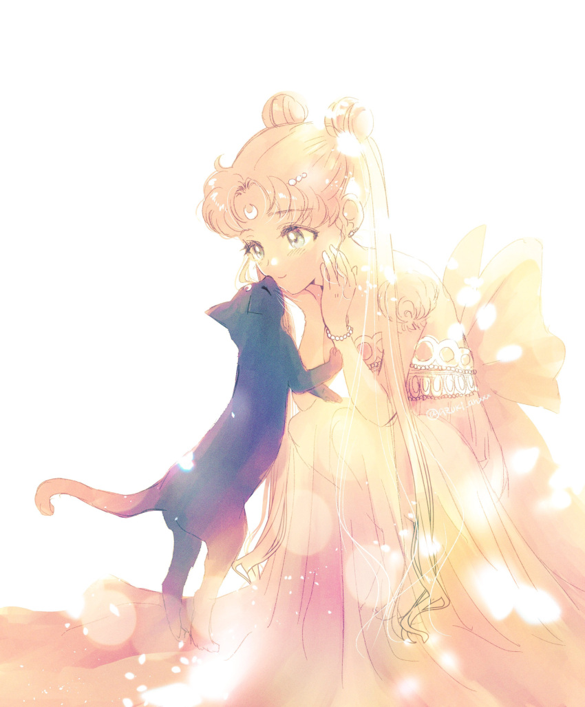 1girl absurdres back_bow bishoujo_senshi_sailor_moon black_cat blonde_hair bow bracelet cat closed_eyes crescent crescent_facial_mark detached_sleeves dolcexxx double_bun dress facial_mark forehead_mark gold_trim hair_bun hand_on_own_cheek hand_on_own_face highres jewelry kiss kiss_day long_dress long_hair luna_(sailor_moon) pearl_bracelet pearl_hair_ornament princess_serenity sidelocks sitting smile twintails very_long_hair white_background white_dress