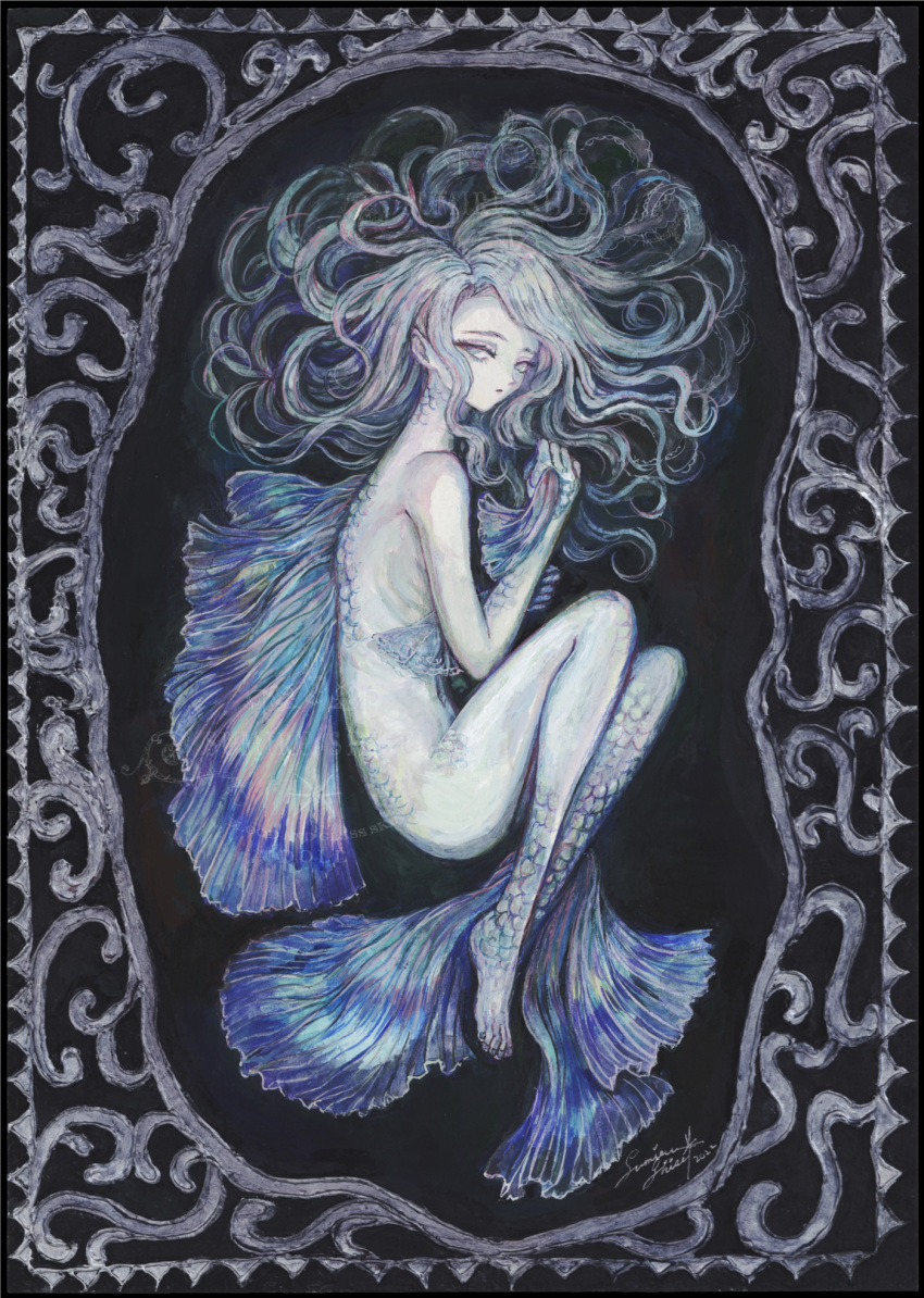 1girl acrylic_paint_(medium) barefoot commentary_request completely_nude doll expressionless fins full_body hair_spread_out highres knees_up long_hair looking_at_viewer monster_girl nude original painting_(medium) pale_skin scales solo sumire_shisei traditional_media white_eyes white_hair
