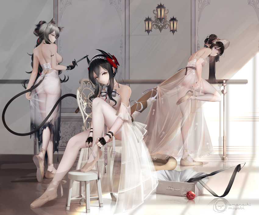 3girls absurdres animal_ears arknights bare_arms bare_shoulders black_gloves black_hair black_hairband bonnet bow breasts brown_eyes brown_footwear cat_ears cat_girl cat_tail commentary_request dress eunectes_(arknights) gloves grey_hair grey_hat hair_between_eyes hairband hat highres holding holding_knife horns indoors ines_(arknights) knife long_hair medium_breasts multiple_girls pantyhose partially_fingerless_gloves pointy_ears red_bow schwarz_(arknights) see-through shoe_soles shoes single_glove sitting sleeveless sleeveless_dress standing standing_on_one_leg stool tail tenmu_miyabi very_long_hair wall_lamp white_dress white_pantyhose