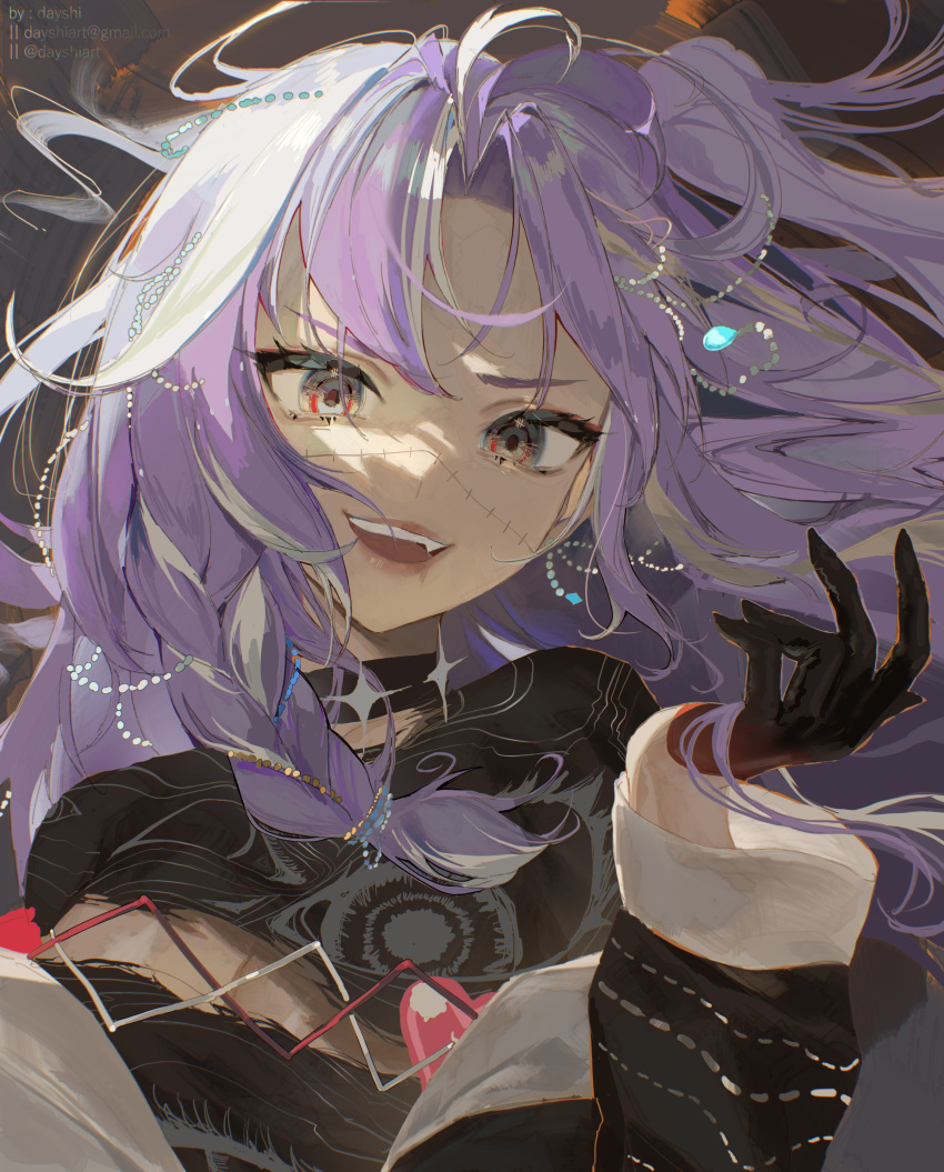 1girl absurdres black_choker black_gloves black_shirt choker dayshiart eye_print floating_hair gloves grey_eyes highres long_hair michi_mochievee multicolored_hair open_mouth purple_hair shirt smile solo stitched_face stitches streaked_hair teeth upper_teeth_only virtual_youtuber vshojo white_hair