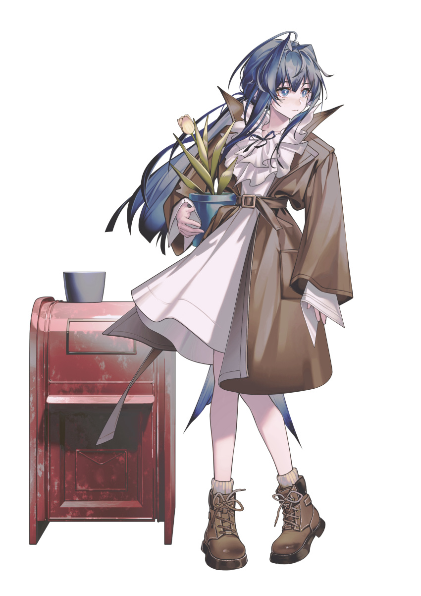 1girl absurdres alternate_costume ankle_boots arknights astesia_(arknights) bare_legs belt blue_eyes blue_hair blunt_ends boots brown_belt brown_coat brown_footwear coat commentary english_commentary feathers frilled_shirt frills full_body highres holding holding_plant light_smile long_hair long_sleeves looking_to_the_side plant postbox_(outgoing_mail) potted_plant shirt sidelocks simple_background sleeves_past_wrists socks solo white_background white_shirt white_socks zhuang_yao