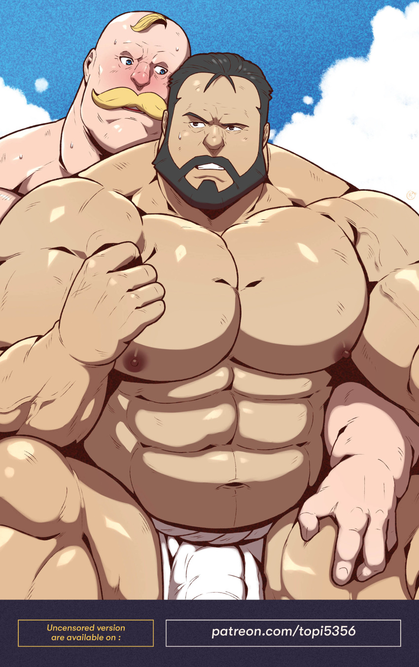 2boys abs absurdres alex_louis_armstrong bald bara beard black_hair blonde_hair blue_eyes blush bulge couple facial_hair foreplay full_beard fullmetal_alchemist hand_on_another's_thigh highres huge_pectorals looking_to_the_side male_focus mature_male multiple_boys muscular muscular_male mustache navel nipples paid_reward_available sig_curtis smile stomach strongman_waist thick_beard thick_eyebrows thick_thighs thighs topi_(topi5356) veins veiny_arms