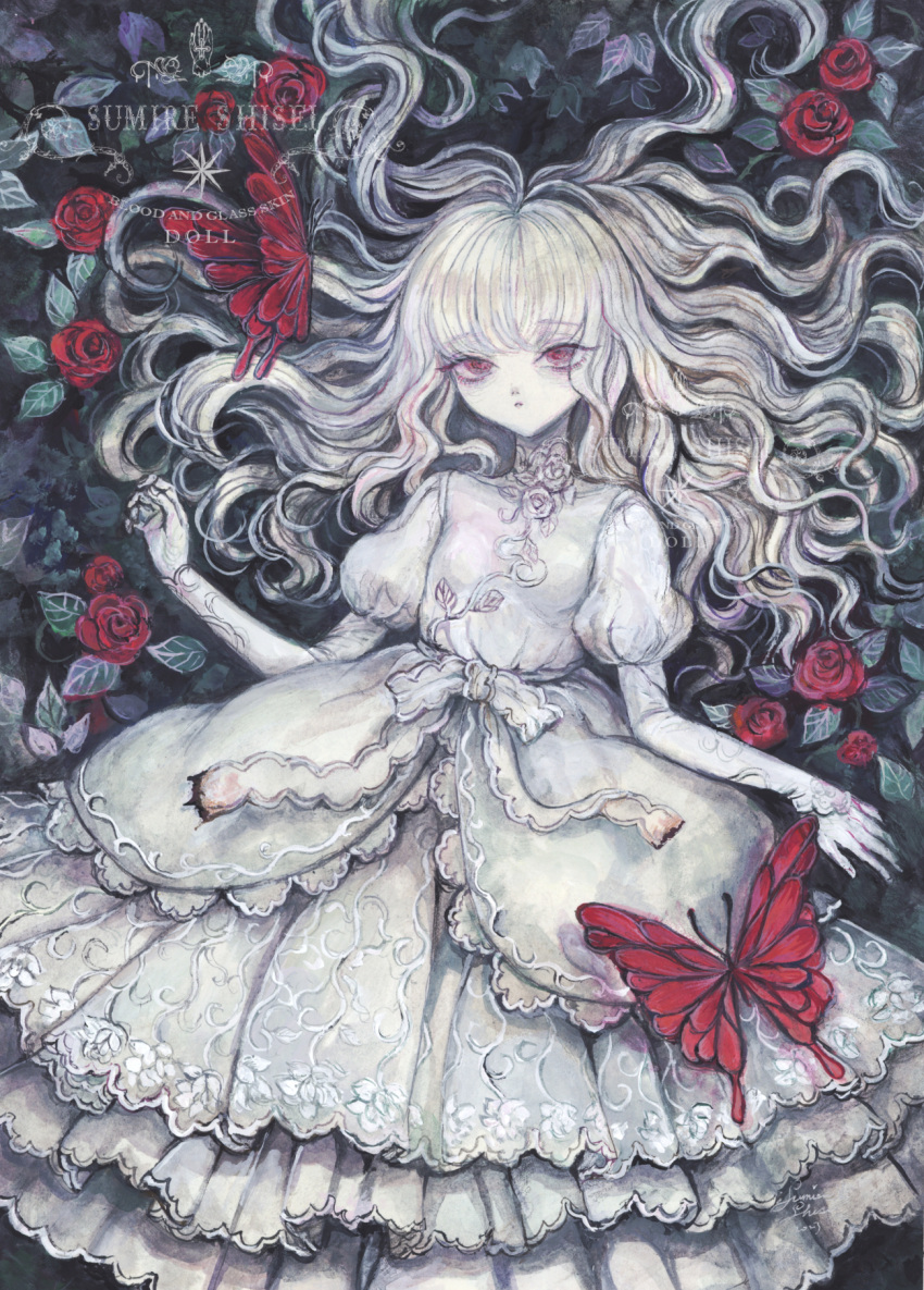 1girl acrylic_paint_(medium) albino bug butterfly commentary_request dress expressionless flat_chest flower hair_spread_out highres juliet_sleeves long_hair long_sleeves looking_at_viewer lying on_back original painting_(medium) pale_skin puffy_sleeves red_butterfly red_eyes red_flower red_rose rose solo sumire_shisei traditional_media wavy_hair white_dress white_hair