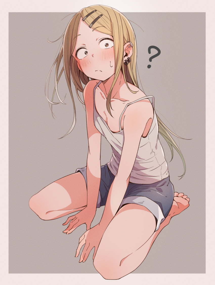 1girl ? arm_support bare_arms bare_legs bare_shoulders barefoot blonde_hair blue_shorts blush border breasts camisole cleavage closed_mouth collarbone commentary_request dagashi_kashi denim denim_shorts ear_piercing earclip earrings eitopondo endou_saya eyelashes feet forehead full_body grey_background grey_border grey_camisole hair_ornament hairclip highres jewelry kneeling long_hair looking_at_viewer parted_bangs piercing short_shorts shorts simple_background sitting small_breasts soles solo sweatdrop thighs toes two-tone_background very_long_hair