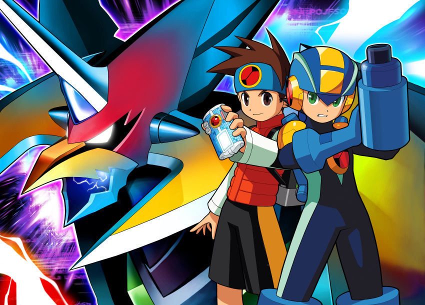 2boys absurdres archived_source arm_cannon artist_request bird black_shorts blue_bodysuit blue_headband bodysuit brothers brown_eyes brown_hair clenched_teeth closed_mouth cover electricity falzar_(mega_man) glowing glowing_eye green_eyes hand_on_own_arm headband helmet highres lan_hikari_(mega_man) lightning long_sleeves looking_at_viewer male_focus mega_man_(series) mega_man_battle_network_(series) mega_man_battle_network_6 megaman.exe multiple_boys netnavi official_art open_mouth orange_vest personal_terminal robot shirt short_hair shorts siblings smile spiked_hair standing teeth textless_version twins vest video_game_cover weapon white_shirt