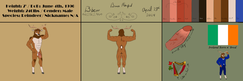 3:1 abs absurd_res anthro antlers balls bbear biceps big_balls big_muscles big_penis biped blue_clothing blue_suit bruce_(bbear) bulge close-up clothed clothing color_swatch dated deer digital_media_(artwork) english_text erection flaccid flexing flexing_muscles fur genitals hair hi_res hooves horn huge_penis humanoid_genitalia humanoid_penis information ireland irish_flag looking_at_viewer male mammal model_sheet multicolored_body multicolored_fur muscular muscular_anthro muscular_male new_world_deer nude pecs penis penis_shot pose reindeer signature simple_background smile solo standing suit tail tattoo text topwear vein
