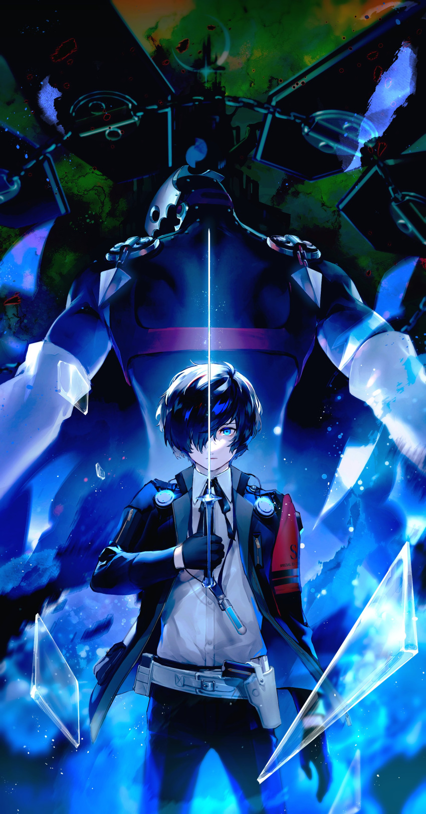 1boy absurdres belt black_gloves black_pants blue_eyes blue_hair broken_glass digital_media_player evoker gekkoukan_high_school_uniform glass glass_shards gloves hair_over_one_eye headphones highres holding holding_sword holding_weapon jacket looking_at_viewer lor_(roasyerizyonirapi) open_clothes open_jacket pants persona persona_3 school_uniform shirt shirt_tucked_in short_hair standing sword thanatos_(persona) weapon white_belt white_shirt yuuki_makoto_(persona_3)