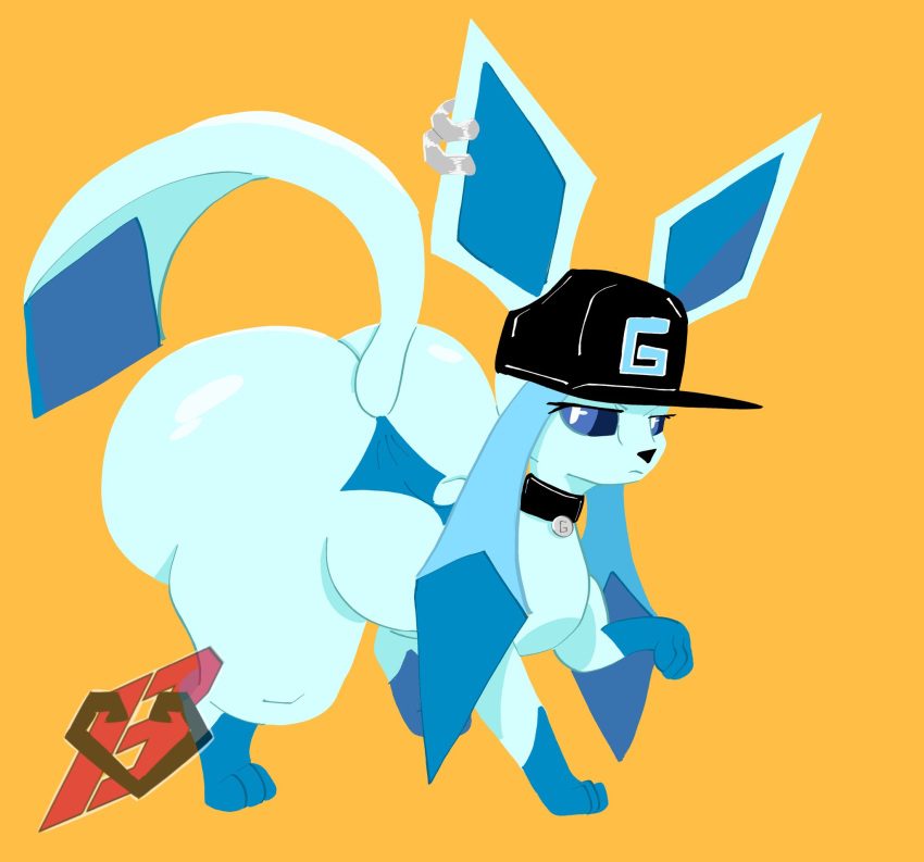 ambiguous_gender big_butt butt clothing collar ear_piercing ear_ring eeveelution emmet_twunks feral generation_4_pokemon glaceon hat headgear headwear hi_res huge_butt nintendo piercing pokemon pokemon_(species) ring_piercing simple_background solo tail