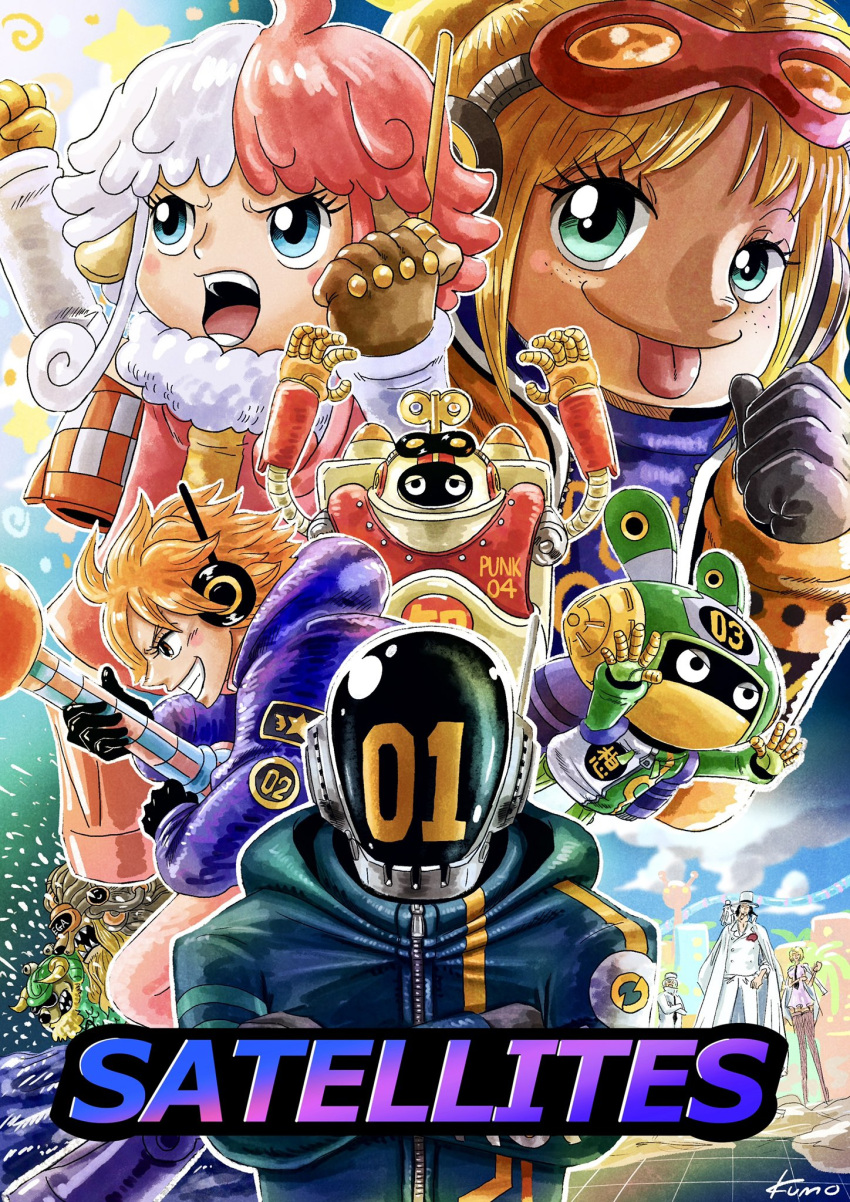 3girls 6+boys angry artist_name black_gloves black_jacket blonde_hair blue_eyes brown_gloves character_request crossed_arms english_text freckles gloves goggles goggles_on_head green_eyes grin headphones helmet highres jacket kaku_(one_piece) kumo_d7 multicolored_hair multiple_boys multiple_girls numbered one_piece open_mouth purple_jacket red_hair rob_lucci robot sidelocks smile star_(symbol) stussy_(one_piece) tongue tongue_out two-tone_hair vegapunk_atlas vegapunk_edison vegapunk_lilith vegapunk_pythagoras vegapunk_shaka vegapunk_york white_hair winding_key