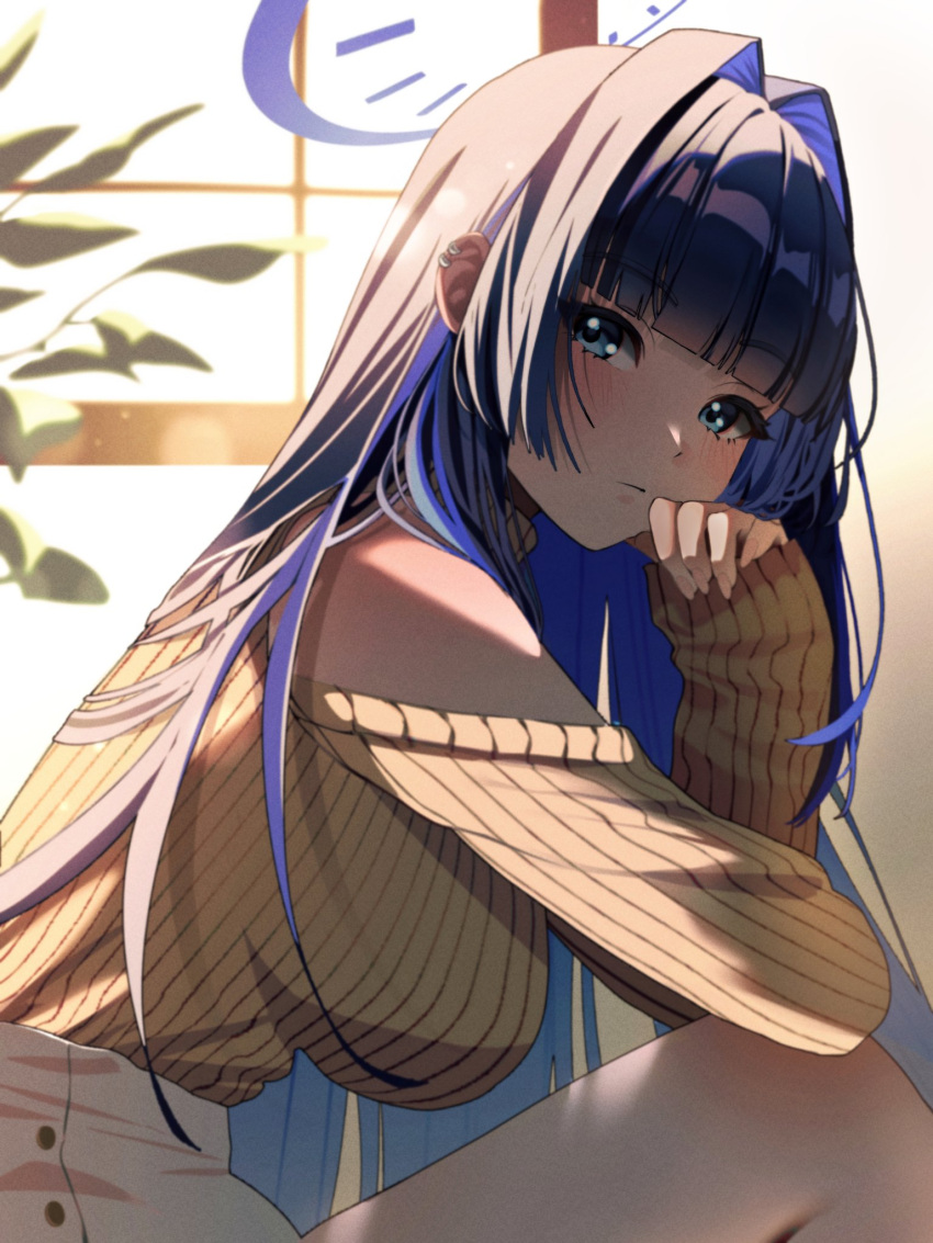 1girl blue_eyes blue_hair blue_halo blunt_bangs breasts clothing_cutout colored_inner_hair finger_to_mouth from_side hair_intakes halo highres hololive hololive_english indoors large_breasts long_hair long_sleeves looking_at_viewer multicolored_hair ouro_kronii pants plant potted_plant ribbed_sweater sachichuu shoulder_cutout sleeves_past_wrists solo sweater turtleneck turtleneck_sweater very_long_hair virtual_youtuber white_pants window yellow_sweater