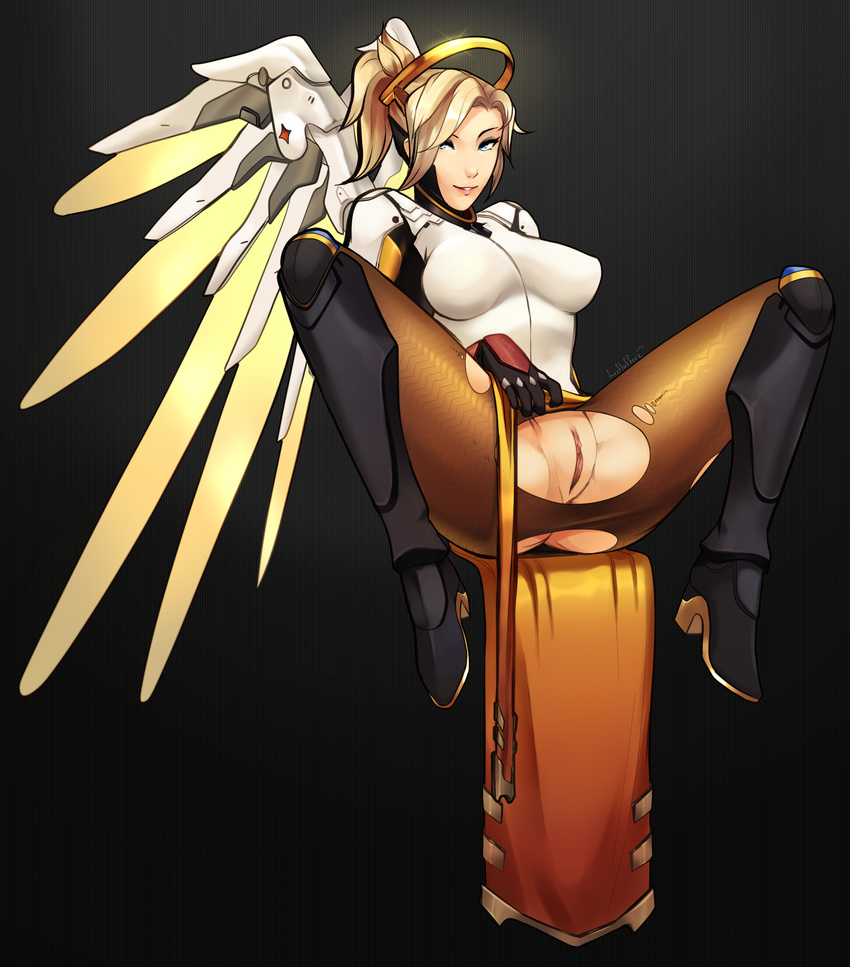 1girl blonde_hair blue_eyes bodysuit clitoris clothed clothing crotch_cutout female fireflufferz human humanoid legwear looking_at_viewer mammal mechanical_halo mechanical_wings mercy mercy_(overwatch) overwatch pantyhose parted_lips pussy ripped_pantyhose simple_background sitting smile solo spread spread_legs torn_clothes torn_pantyhose uncensored video_games