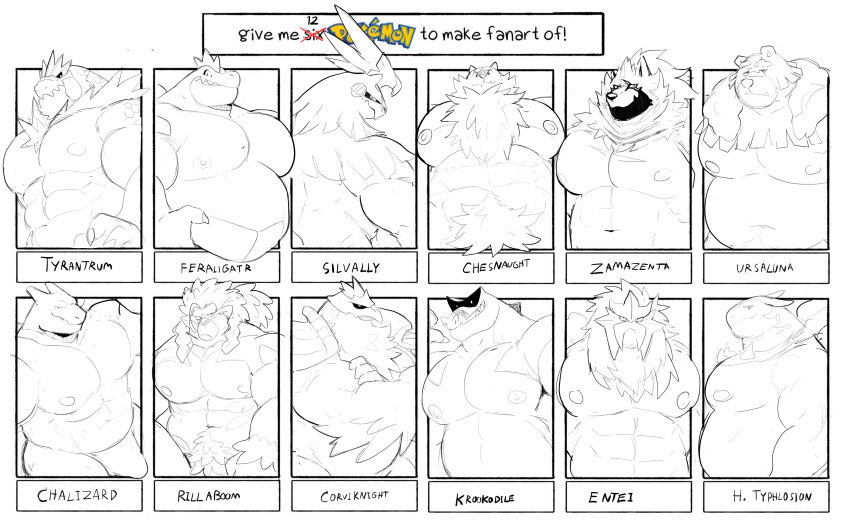 2024 abs absurd_res anthro anthrofied beak biceps big_biceps black_border border bulge charizard chesnaught chest_tuft claws clothed clothing corviknight crossed_arms digital_drawing_(artwork) digital_media_(artwork) emanata english_text entei erection_under_underwear eyebrows facial_hair facial_tuft feathers feraligatr finger_claws fingers fossil_pokemon front_view generation_1_pokemon generation_2_pokemon generation_5_pokemon generation_6_pokemon generation_7_pokemon generation_8_pokemon group hair hi_res hisuian_form hisuian_typhlosion horn humanoid_hands krookodile large_group legendary_pokemon line_art long_hair looking_at_viewer male male/male mouth_closed musclegut muscular muscular_anthro muscular_arms muscular_male navel neck_tuft nintendo nipples o-ro outside_border pecs pokemon pokemon_(species) pokemorph pubes regional_form_(pokemon) rillaboom sharp_teeth side_view silvally smile smiling_at_viewer snaggle_tooth species_name teeth text thick_arms thick_eyebrows tuft tyrantrum underwear underwear_only ursaluna zamazenta
