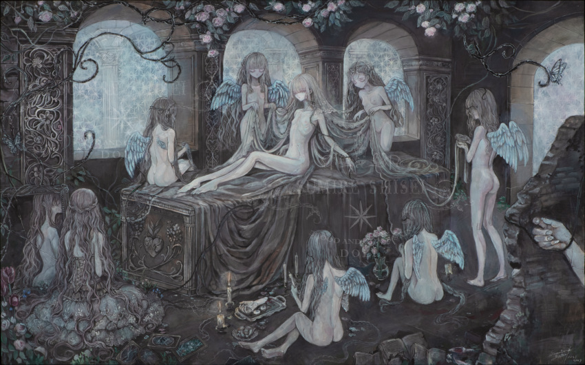 6+girls acrylic_paint_(medium) altar angel angel_wings ass braid candle closed_eyes commentary_request completely_nude crown_braid doll expressionless feathered_wings flat_chest flower full_body grey_hair heart highres long_hair multiple_girls nude original painting_(medium) pale_skin plant rose severed_arm severed_limb sitting standing sumire_shisei thorns traditional_media vines wavy_hair white_wings wings