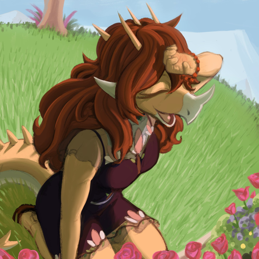 1:1 2024 5_fingers anthro aquilops bracelet brown_hair clothing detailed_background digital_drawing_(artwork) digital_media_(artwork) dinosaur dress eyelashes eyes_closed female fingers flower goodbye_volcano_high grass hair half-coco hi_res horn jewelry kneeling long_hair long_tail multicolored_body multicolored_scales open_mouth open_smile orange_body orange_scales outside plant reptile rosa_(gvh) rose_(flower) scales scalie smile solo spiked_tail spikes spikes_(anatomy) tail tan_body tan_scales two_tone_body two_tone_scales